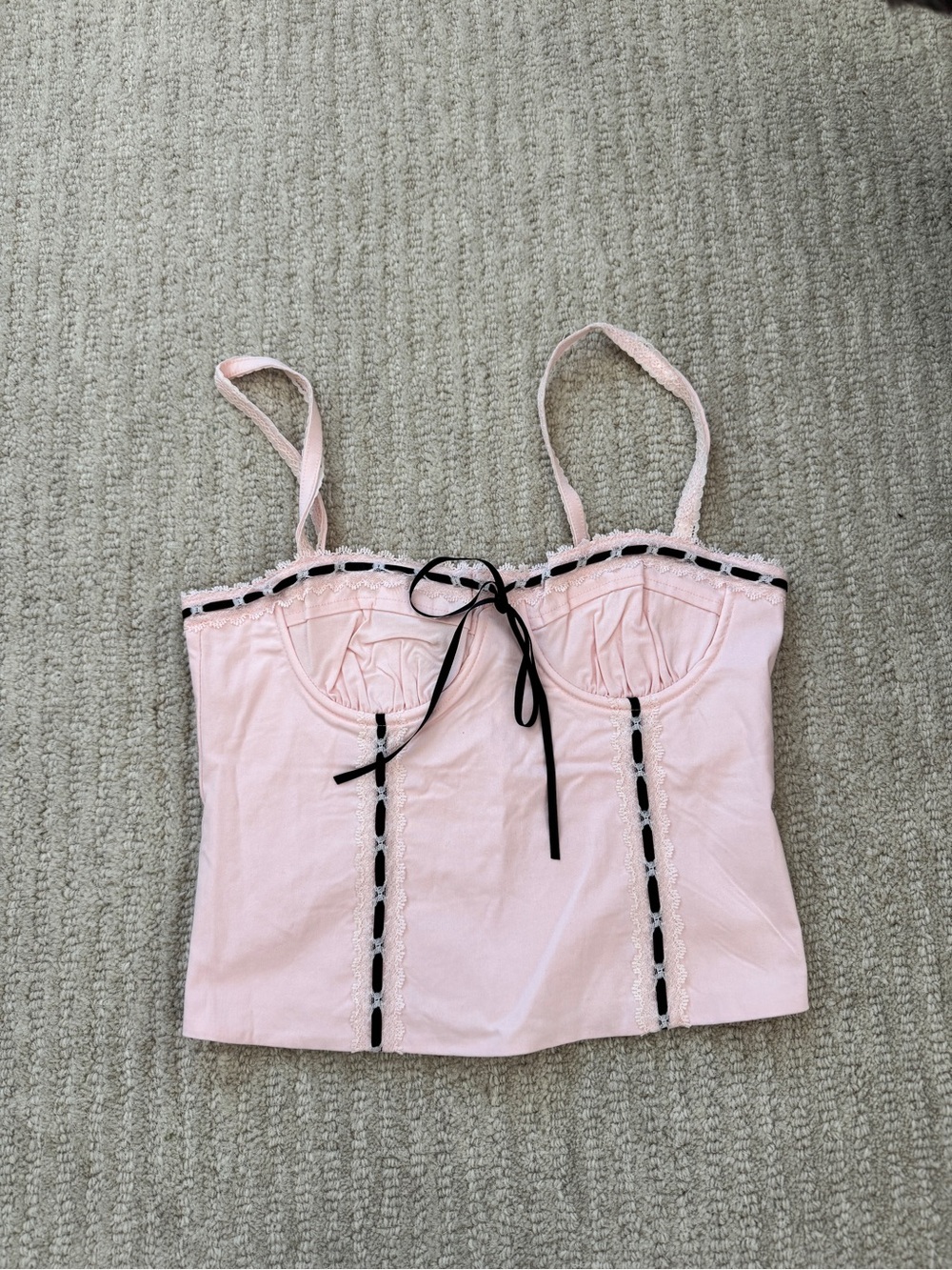 Pink Lace-Trim Bustier Tank with Contrast Ribbon